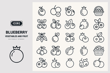 Collection of Simple Outline Blueberry Icons and Fruit Illustrations White Background.
