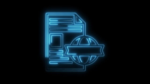 Neon style document with globe logo glowing light technology animation on black background