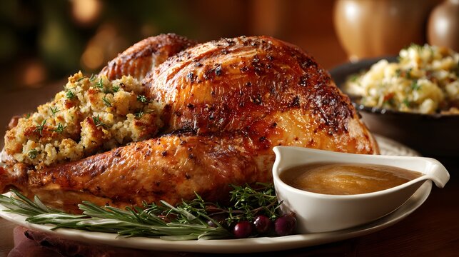 A delicious roasted turkey with stuffing and gravy, a perfect centerpiece for a thanksgiving celebration