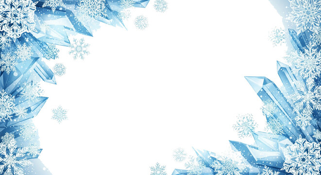 Winter celebration background with a decorative frame of blue ice crystals and delicate falling snowflakes on a white backdrop., copy space