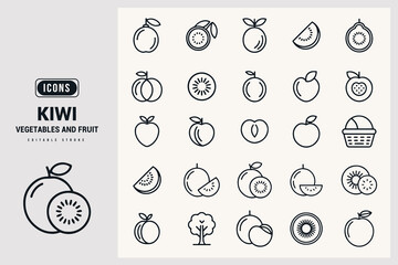 Outline Icons Representing Various Fruits and Vegetables Including Kiwis White Background.
