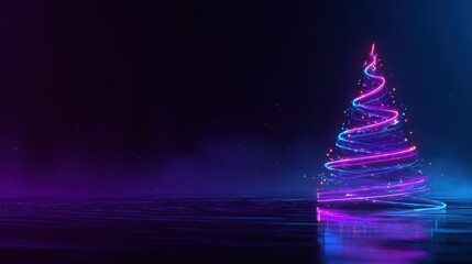 A modern glowing christmas tree with swirling neon lights on a reflective dark surface
