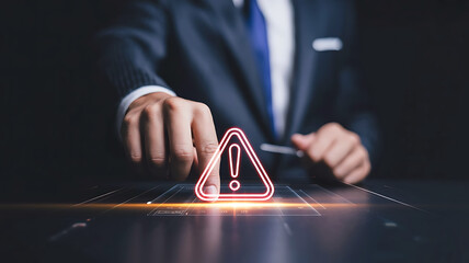 Businessman activates digital warning sign symbolizing cybersecurity threat and risk management in data protection network