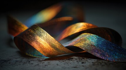 Close up of a colorful iridescent ribbon with glitter on a dark surface with soft lighting