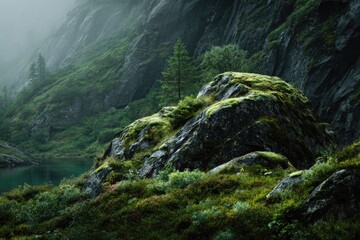 Misty mountain landscape with a mossy rock