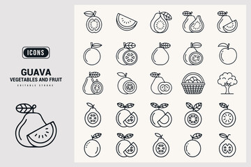 Guava Fruit Vegetables And Fruits Vector Icons Set White Background.