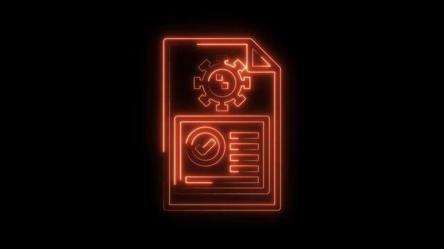 Glowing neon icon animation depicting quality control process approval on a black background
