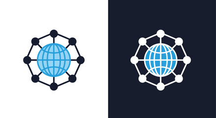 Abstract global network connection icon with futuristic digital globe and node system - Line and glyph solid icon and logo templete