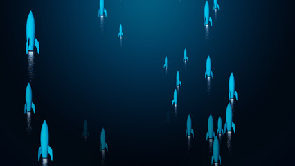 Abstract rocket launch background representing futuristic start-up momentum and business innovation with multiple spacecraft taking off into the sky