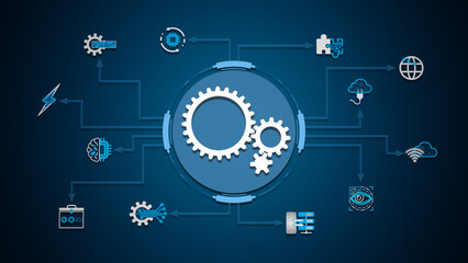 Central gear system integrating modern technology icons including AI, cloud, IoT, and data in a connected digital ecosystem