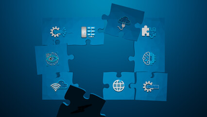 Disordered puzzle pieces representing failed technology integration with scattered icons