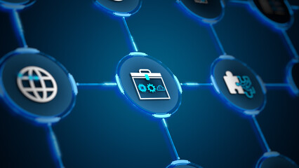 Digital toolbox icon connected in a futuristic network representing technology integration, smart tools, cloud systems, and innovation platforms