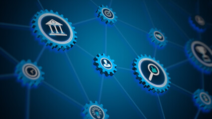 Business and technology icons connected through gears representing integrated systems, data analysis, and corporate network collaboration