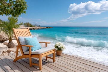 Wooden lounge chair relaxing on beach deck by turquoise ocean