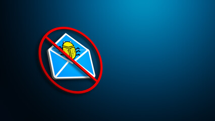 Blocked email icon with virus bug symbol and red ban circle representing malware infection cybersecurity threat spam alert and digital communication risk