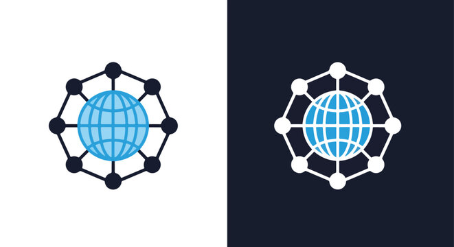 Abstract global network connection icon with futuristic digital globe and node system - Line and glyph solid icon and logo templete