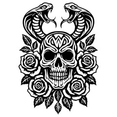 Tribal Skull and Cobra with Floral Ornaments Vector Illustration