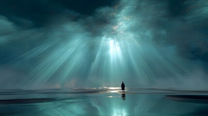 Mystical figure standing in shallow water with sun rays beaming down from the sky, creating a surreal scene