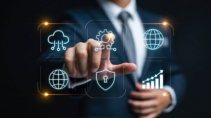 Businessman touching digital interface with cloud technology global network and data security for business