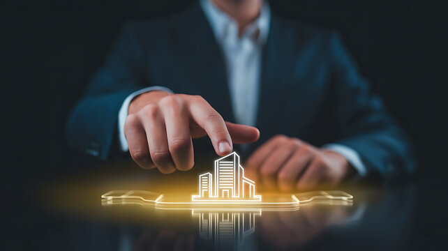 Businessman touching digital city hologram concept of smart urban development and modern architecture technology solutions