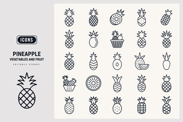 Collection of Simple Outline Icons Representing Pineapple Fruit White Background.