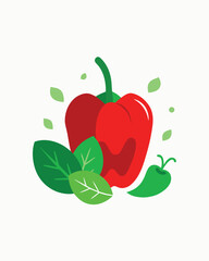 Vector art of red bell pepper and green chili pepper with leaves