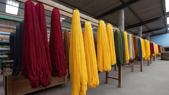 Vibrant bundles of dyed yarn suspended in a crafts workshop, showcasing rich colors and textures, ideal for textile arts and creative projects capturing craftsmanship.