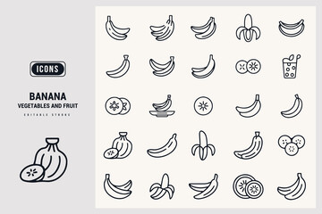 Collection of Fresh Banana Fruit Icons for Healthy Eating and Nutrition White Background.