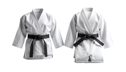Pair of White Karate Gi Variations with Black Belt isolated on transparent background