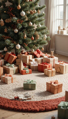 Obraz premium Festive Christmas scene with decorated tree and numerous wrapped gifts in cozy living room, evoking warmth and joy