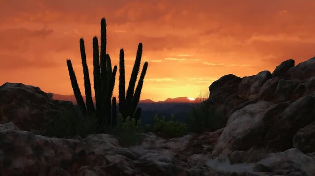 A striking silhouette of a cactus standing tall against a vibrant sunset backdrop, evoking the beauty and resilience of nature, ideal for conveying emotion and tranquility.