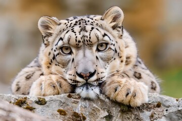 Naklejka premium Snow leopard resting on rock looking forward