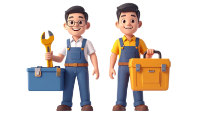 Pair of Smiling Handyman Variations with Toolbox isolated on transparent background