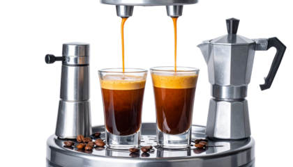  Pair of Silver Espresso Machine Variations with Coffee Cups isolated on transparent background