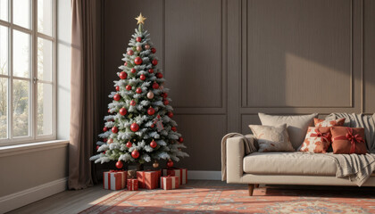 Beautifully decorated Christmas tree with red and gold ornaments stands beside cozy sofa in warmly lit living room, creating festive and inviting atmosphere