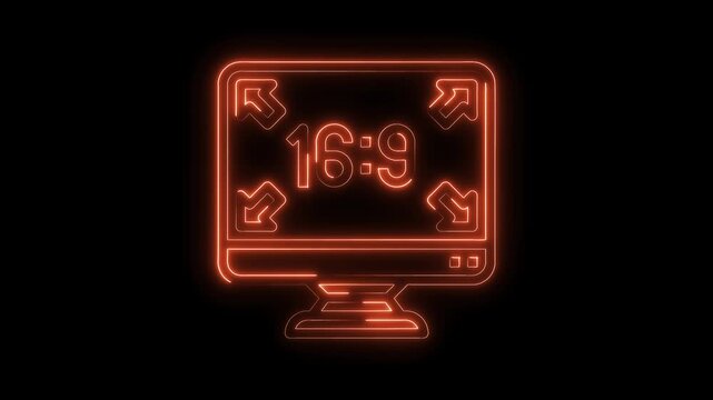 Neon style 16 to 9 monitor with fullscreen arrows on a black background