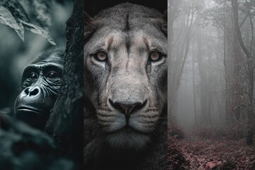 Three wildlife portraits in a dark and moody style