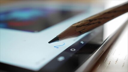 A close-up of a wooden pencil tip being used as a stylus on a modern digital tablet screen. - Powered by Adobe