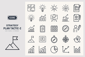 Set of Strategy Plan and Tactic Icons for Business Development and Growth White Background.