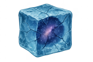 Cracked ice cube with galaxy inside, transparent background