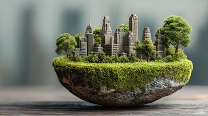 Half Sphere with Lush Green Moss, Trees and Miniature Skyscrapers Symbolizing Urban Development and Environmental Sustainability
