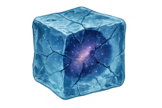 Cracked ice cube with galaxy inside, transparent background