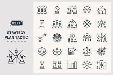 Collection of Strategy Plan Tactic Vector Icons Set For Business Marketing And Planning White Background.