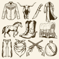 Cowboy and Wild West Elements Vector Set, Vintage Western Illustration