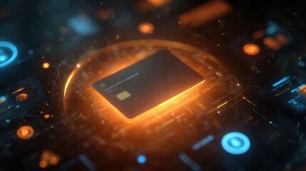 ultra-realistic CGI concept: floating digital wallet surrounded by animated data streams and glowing icons (money, security, analytics), dark-to-light gradient