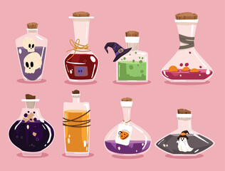Set of Halloween witches magic potion bottle or poison bottle. Hand drawn vector design elements.