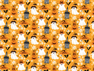 Halloween pattern on yellow background with elements such as jack-o-lantern, ghost, bats, witch hat, skulls, castle