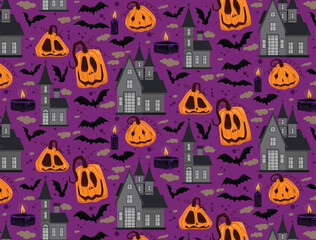 Halloween pattern on purple background with elements such as jack-o-lantern, bats, castle, candles.