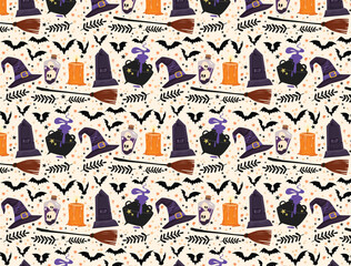 Halloween pattern on cream background with elements such as witch's cauldron, witch's hat, magic bottle, witch's broom, skull, candle, leaves, RIP sign.