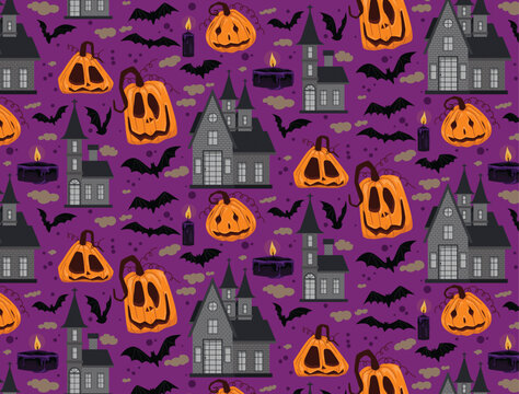 Halloween pattern on purple background with elements such as jack-o-lantern, bats, castle, candles.
